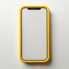 Smartphone with yellow case, blank screen, on white background.