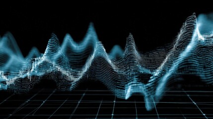 Digital waveforms and glowing data points form a dynamic, abstract 3D graph on a dark background.