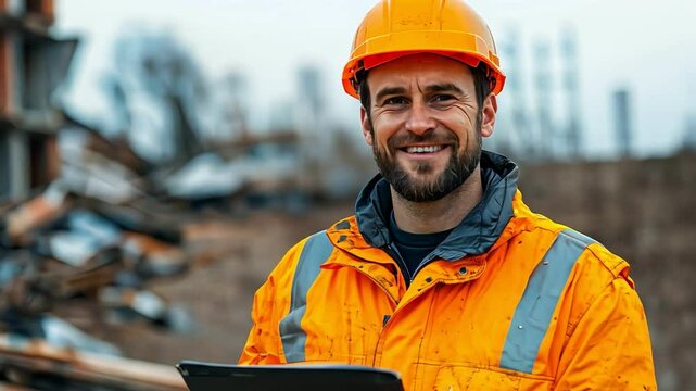Confident construction worker orange jacket showcases safety site while holding tablet, reflecting dedication and professionalism.
