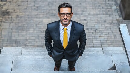 Fototapeta na wymiar High Angle View Businessman Suit Stairs Steps