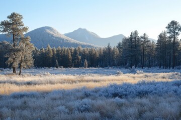 Frosty Meadow at Sunrise with Grazing Horse and Mountain View