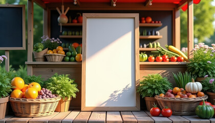 Vertical banner mockup. Vertical banner mockup at farmers market stand with fresh organic vegetables, fruits, and rustic baskets on a sunny day for outdoor branding