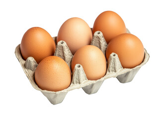 Half a dozen brown eggs in their carton. Transparent background