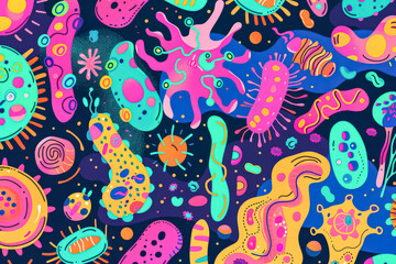 Colorful drawing of various organisms, including bacteria and viruses