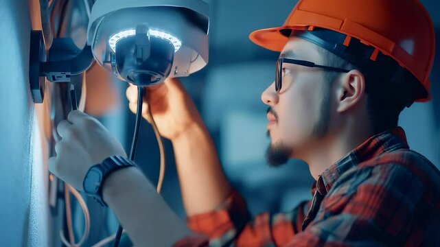 A person wearing a safety helmet installs or adjusts a surveillance camera. They are holding a cable connected to the device, surrounded by other equipment and wiring.