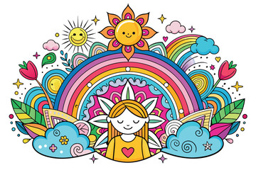 Obraz premium Vibrant hand-drawn doodle featuring a joyful sun, rainbow, clouds, and a serene girl. Symbolizes happiness, creativity, and nature. Perfect for expressing positivity and colorful imagination.
