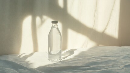 A transparent water bottle is resting on a white surface
