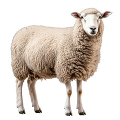 Obraz premium Side view of a large wolly sheep, standing calmly, cut out, isolated on a transparent background, no shadow