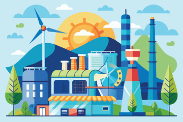 Vibrant illustration depicting a sustainable industrial landscape with wind turbines and factories in a mountainous setting, symbolizing renewable energy and eco-friendly industrial practices. © Aupurbo