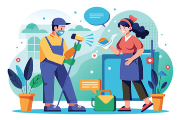 Illustrated scene of two friendly gardeners having a cheerful conversation while tending to plants. The image captures a lively interaction in a home garden setting.
