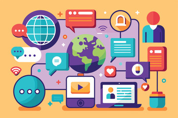 Fototapeta premium Illustration of global digital communication symbolized by a globe, social media icons, and digital devices, emphasizing connectivity, technology, and modern communication methods.