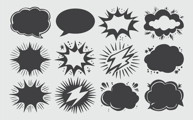 Comic burst explosion vector comic boom elements and speech bubbles in black silhouettes Ideal for comic designs pop art and retro style