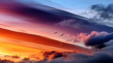 Fototapeta premium Vibrant sunset sky with colorful clouds and flying birds in a dramatic landscape scene