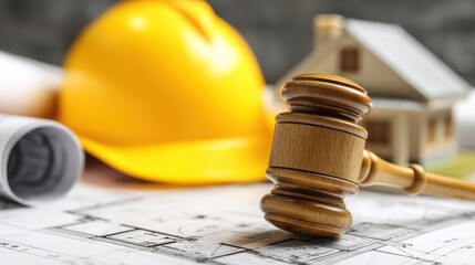 A gavel, yellow hard hat, house model, and blueprints represent construction law and real estate regulations.