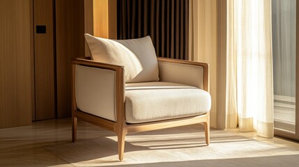 A modern style armchair placed near a window in sunlight