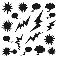 Comic burst explosion vector comic boom elements and speech bubbles in black silhouettes Ideal for comic designs pop art and retro style