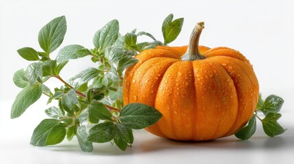 a bright orange pumpkin with green leaves on a white isolated background, seasonal and autumn-inspired design