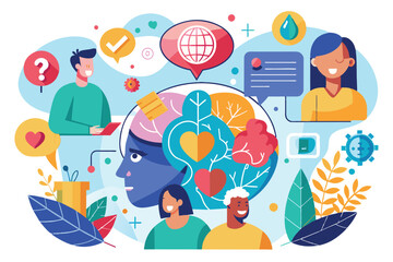 Colorful illustration depicting teamwork and creative collaboration with diverse individuals. Includes elements representing communication, innovation, and emotional intelligence in a vibrant style.