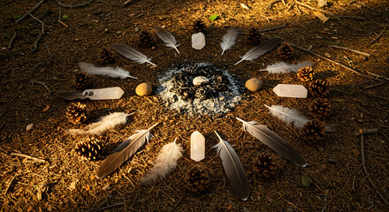 Spiritual nature gathering with crystals and feathers in forest  