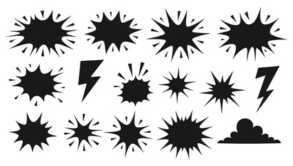 Comic burst explosion vector comic boom elements and speech bubbles in black silhouettes Ideal for comic designs pop art and retro style