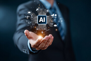 Businessman holding an artificial intelligence chip with the text "AI" in his hand, surrounded by cloud technology icons. The background is dark blue, emphasizing the elements of artificial intelligen