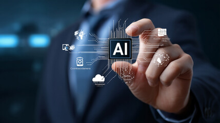Businessman holding an artificial intelligence chip with the text "AI" in his hand, surrounded by cloud technology icons. The background is dark blue, emphasizing the elements of artificial intelligen