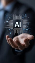 Businessman holding an artificial intelligence chip with the text "AI" in his hand, surrounded by cloud technology icons. The background is dark blue, emphasizing the elements of artificial intelligen