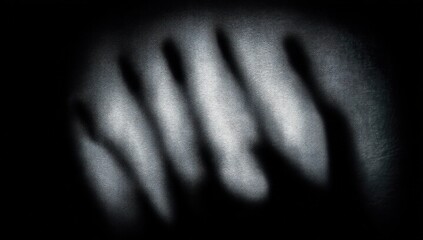 A shadowy hand impression is cast on a textured surface, creating a mysterious, abstract visual effect in black and white.