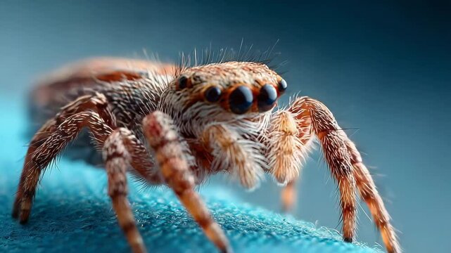 A close-up macro shot of a hairy jumping spider on a blue textured surface with a blurred background. macro tiny creatures moving.  