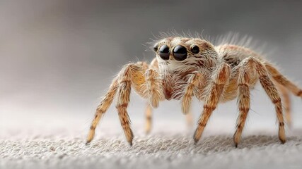 A close-up image of a furry jumping spider with large black eyes standing on a textured surface. macro tiny creatures moving.  