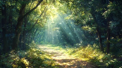 Fototapeta premium Sunlight streaming through forest path high resolution picture