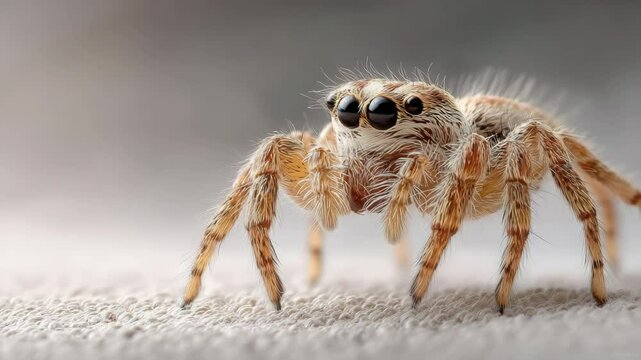 A close-up image of a furry jumping spider with large black eyes standing on a textured surface. macro tiny creatures moving.  