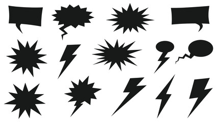 Comic burst explosion vector comic boom elements and speech bubbles in black silhouettes Ideal for comic designs pop art and retro style