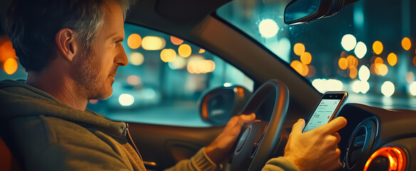 Obraz premium Man using smartphone while driving at night in city