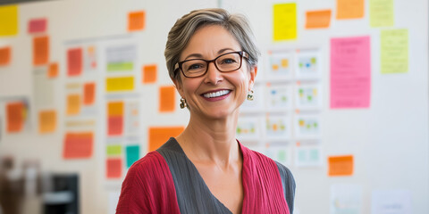 Smiling mature woman in office with colorful sticky notes background