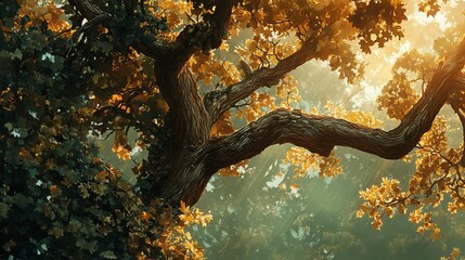 Majestic oak tree branches golden autumn leaves sunlight forest art fall park woods image green brown
