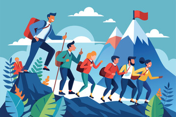 Fototapeta premium Illustration of a group of diverse hikers scaling mountain peaks with determination. They represent teamwork, adventure, and the spirit of exploration in a vibrant, scenic outdoor setting.