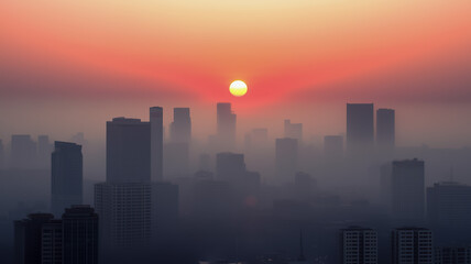 Fototapeta premium Misty city skyline at sunset with vibrant colors and silhouette