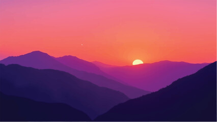 A mountain range with a large sun in the sky. Mountains landscape. Sunset view. Vector illustration.