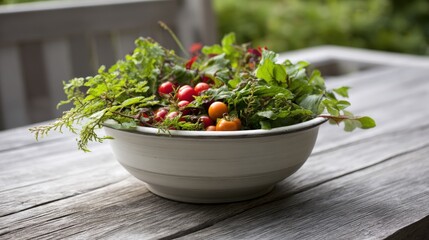 A rustic bowl filled with fresh garden vegetables and herbs sits on a wooden outdoor table.