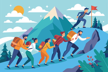 Fototapeta premium Illustration of a diverse group hiking up a mountain with backpacks, led by a leader. The colorful scene emphasizes teamwork, determination, and reaching goals together in a natural setting.