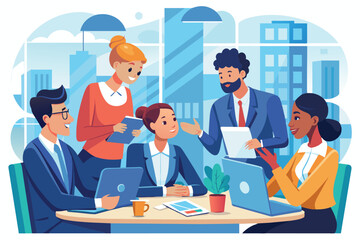 Illustration of a diverse team collaborating in a modern office, showcasing teamwork, communication, and professionalism with laptops and documents in a corporate setting.
