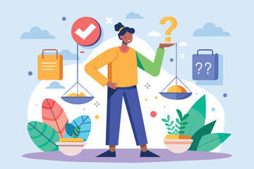Colorful illustration depicting a person making decisions and solving problems, with scales, symbols, and greenery. Represents choice, balance, and thoughtful consideration in modern life.