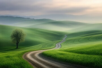 Fototapeta premium Minimalist Dirt Path Winding Through Rolling Green Hills Under Cloudy Sky
