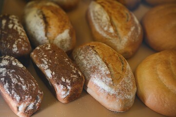 Freshly baked sourdough bread with a golden crust on bakery shelves. Baker shop context with delicious bread