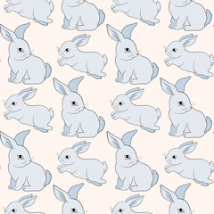Easter bunny Seamless Pattern. Cute Girlish bunnies for kids standing with placard. Rabbit or hare, spring festive animal with Pink Bow. Hand Drawn holiday decent vector character