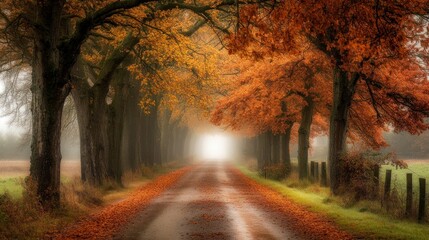 An autumn road lined with tall trees and colorful foliage