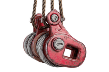 Red Metal Hooks and Pulleys Hanging On Transparent Background