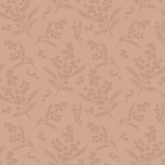 Seamless pattern with silhouettes of mimosa branches on beige and peach background. Elegant floral print in pastel colors for textiles, packaging and design.