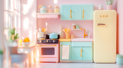 Fototapeta premium Colorful pastel miniature kitchen alive with tiny details, celebrating cozy everyday moments